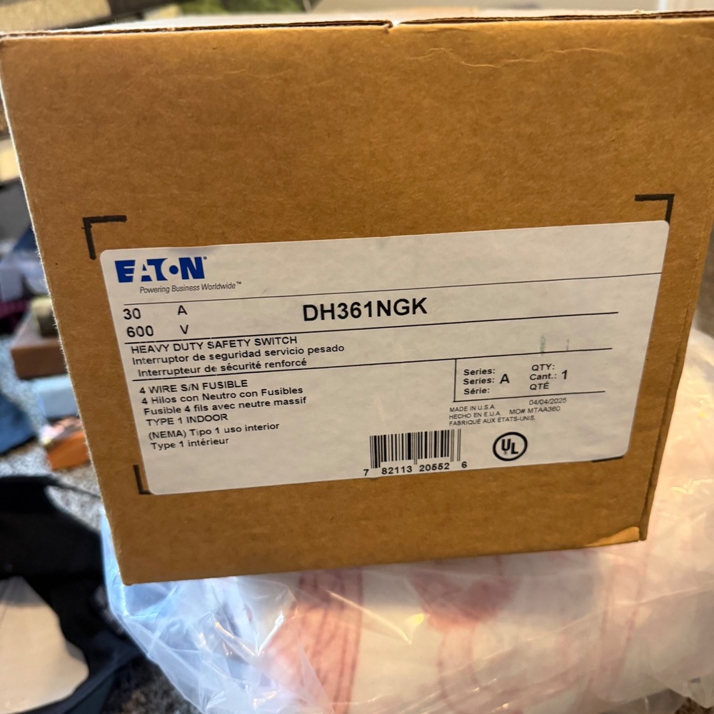 Eaton DH361NGK Heavy Duty Safety Switch 30A 600V 3P Fusible NEMA 1 Indoor A